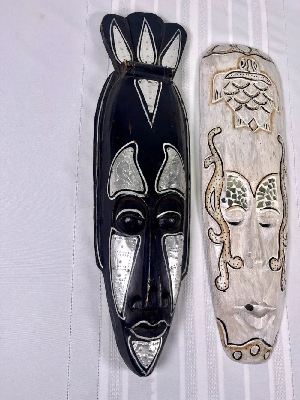 VTG Hand Carved Wooden Tribal Wall Masks Set of 2 Boho Coastal White, Black Folk
